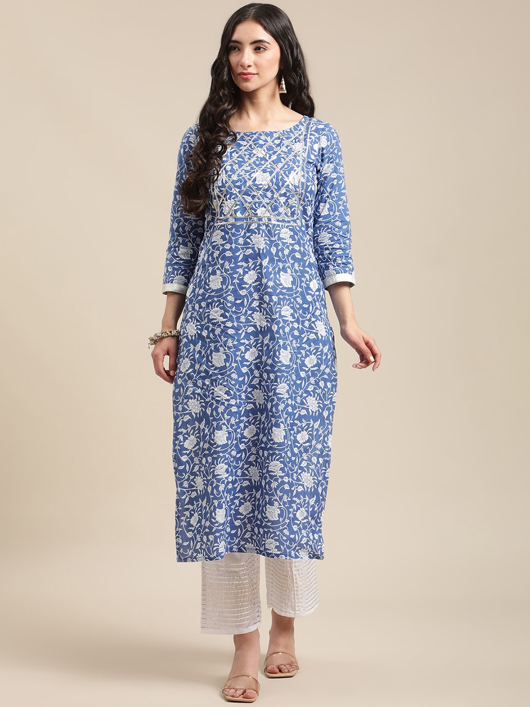 

Varanga Women Blue Ethnic Motifs Printed Gotta Patti Kurta