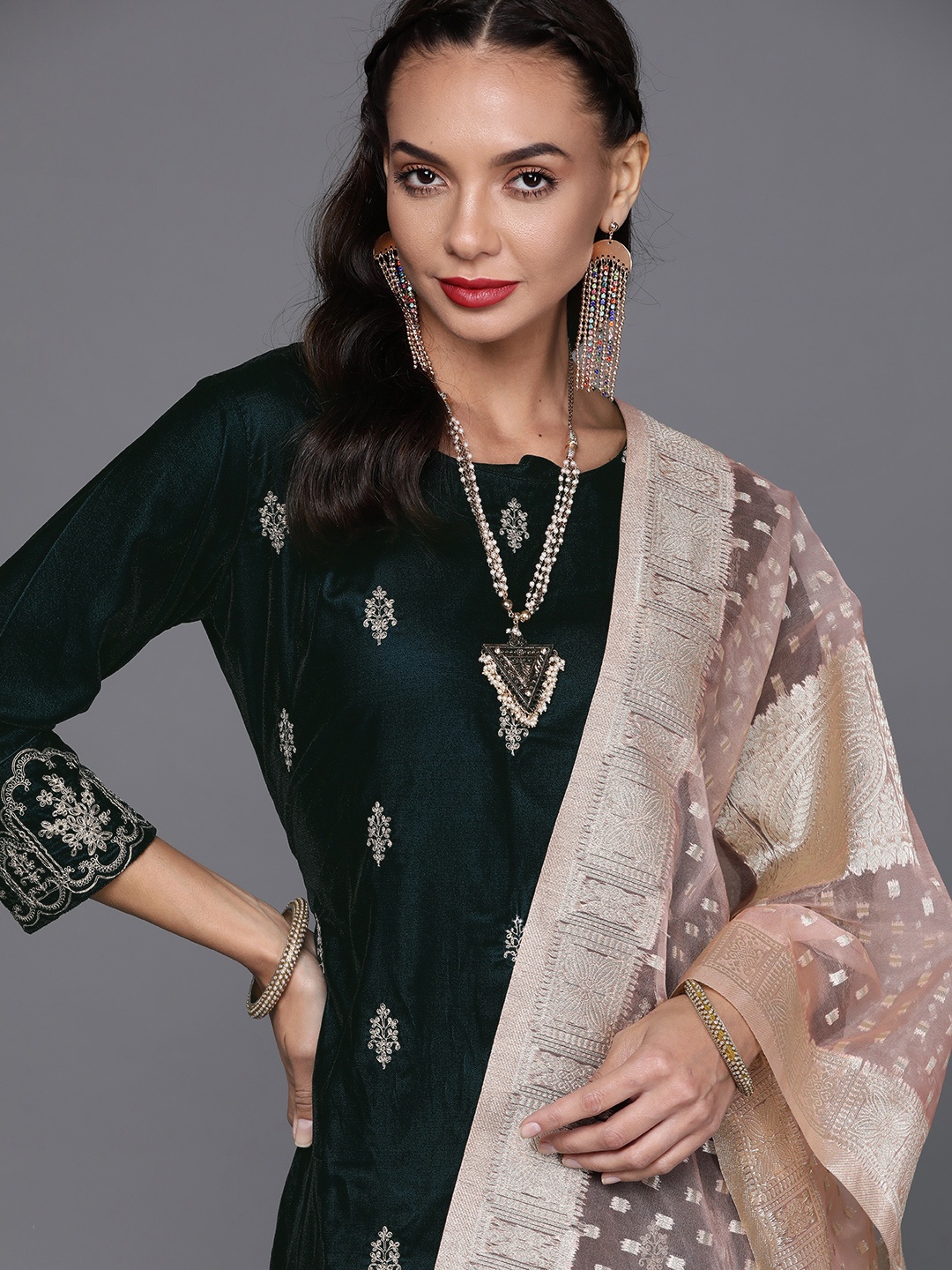 

Indo Era Women Navy Blue Ethnic Motifs Embroidered Velvet Kurta with Palazzos & With Dupatta