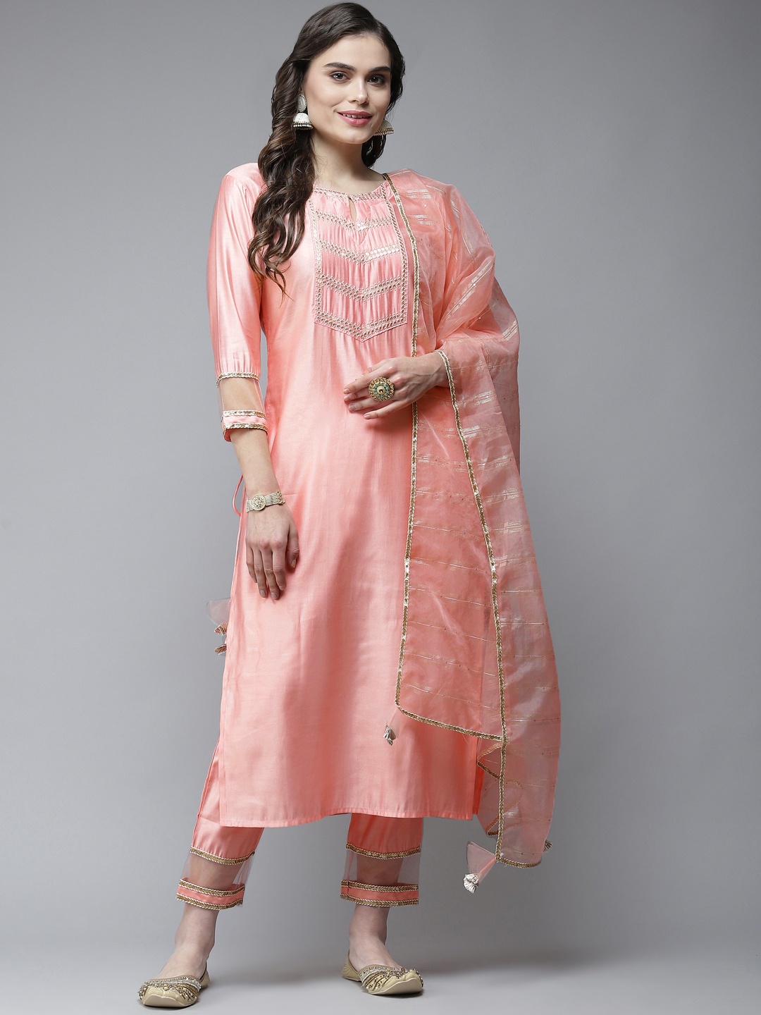 

Indo Era Women Pink Sequin Embroidered Kurta with Trousers & Dupatta