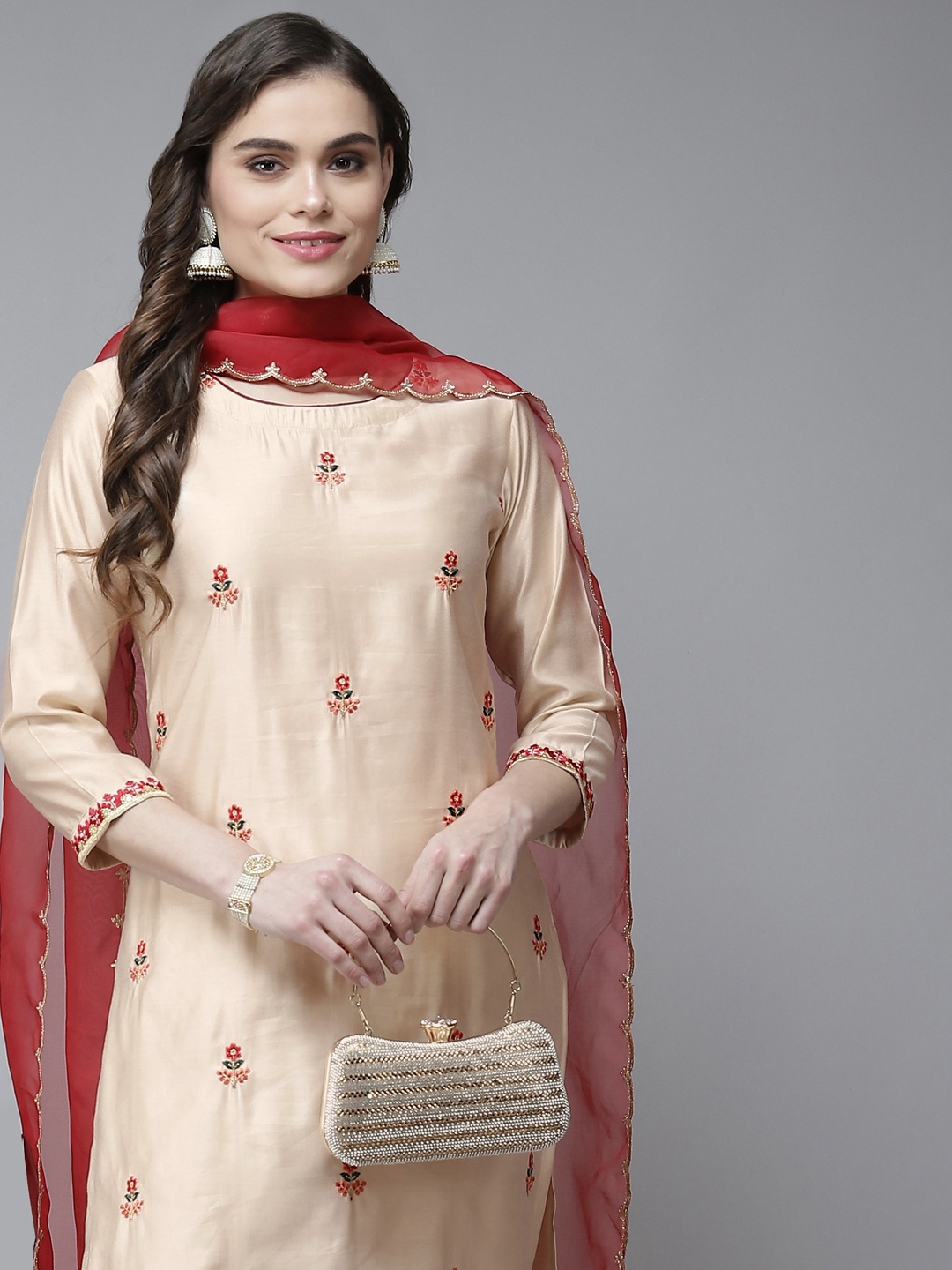 

Indo Era Women Beige Floral Embroidered Liva Kurta with Trousers & Dupatta