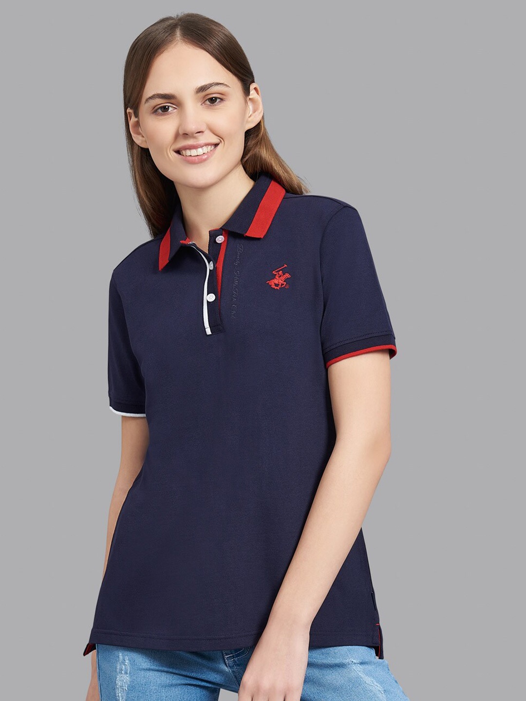

Beverly Hills Polo Club Women Navy Blue Polo Collar Slim Fit T-shirt