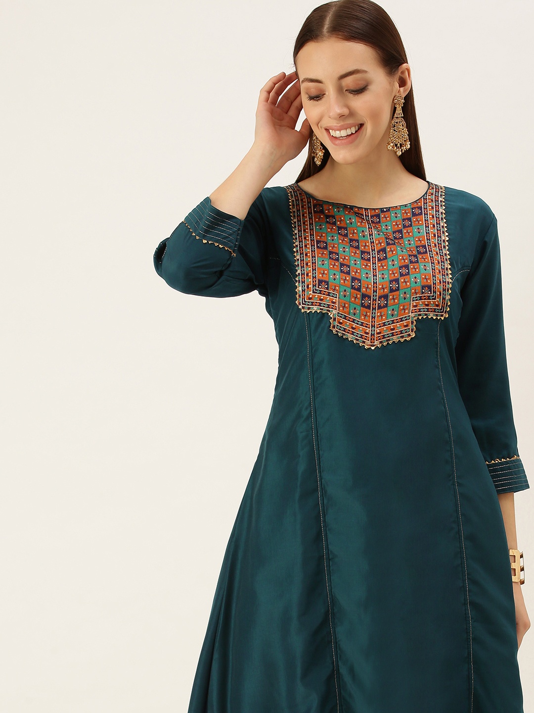 

cbazaar Women Teal Green Yoke Design Gotta Patti Kurta