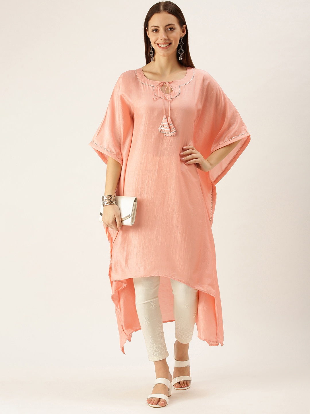 

cbazaar Women Pink Gotta Patti Yoke Design Flared Sleeves Kaftan Kurta
