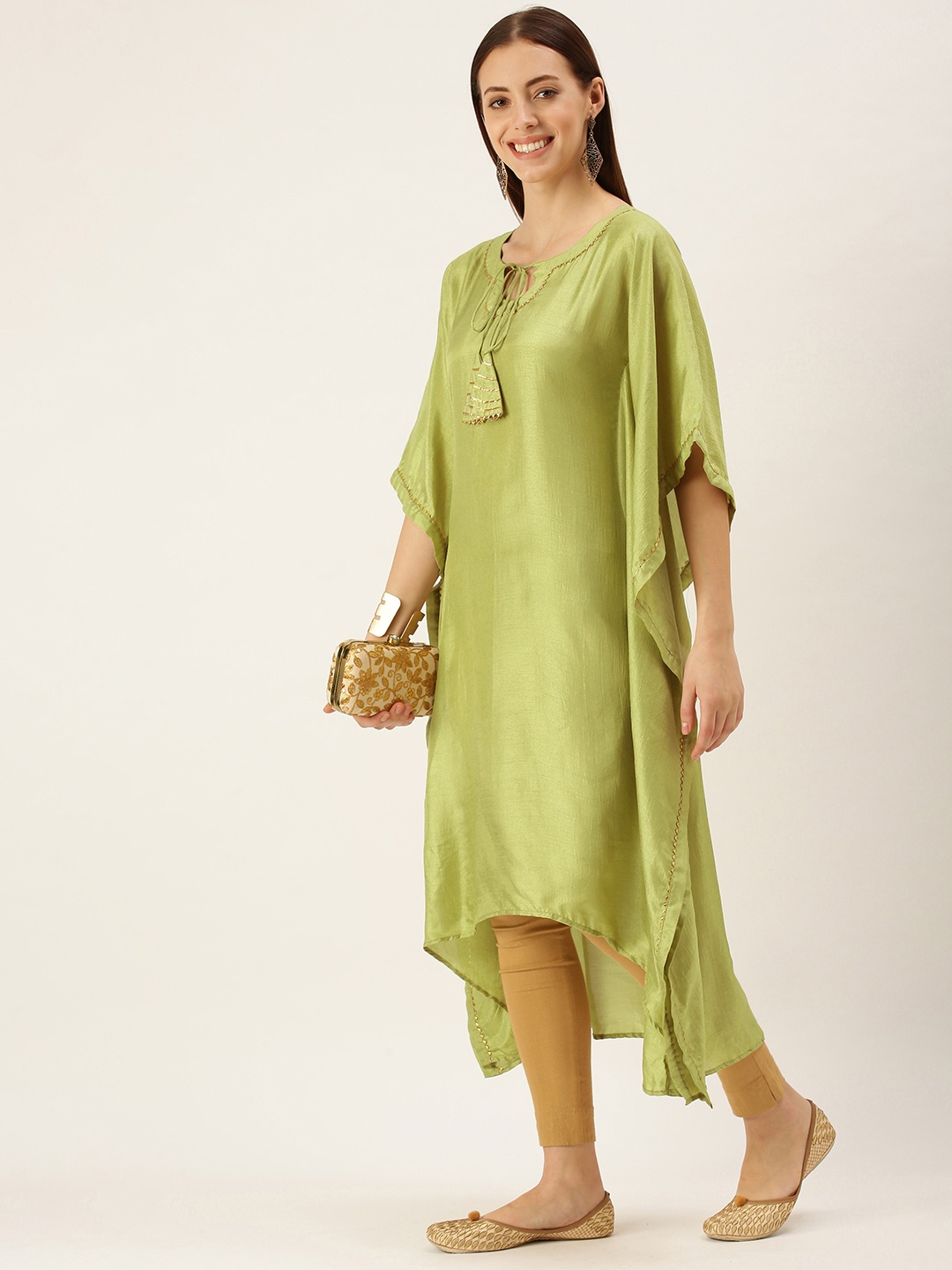 

cbazaar Women Green & Golden Gotta Patti Yoke Design Kaftan Kurta