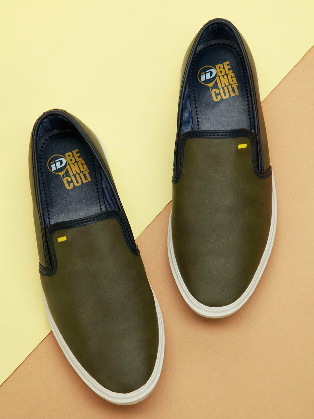

ID Men Olive Green Solid Leather Slip-On Sneakers