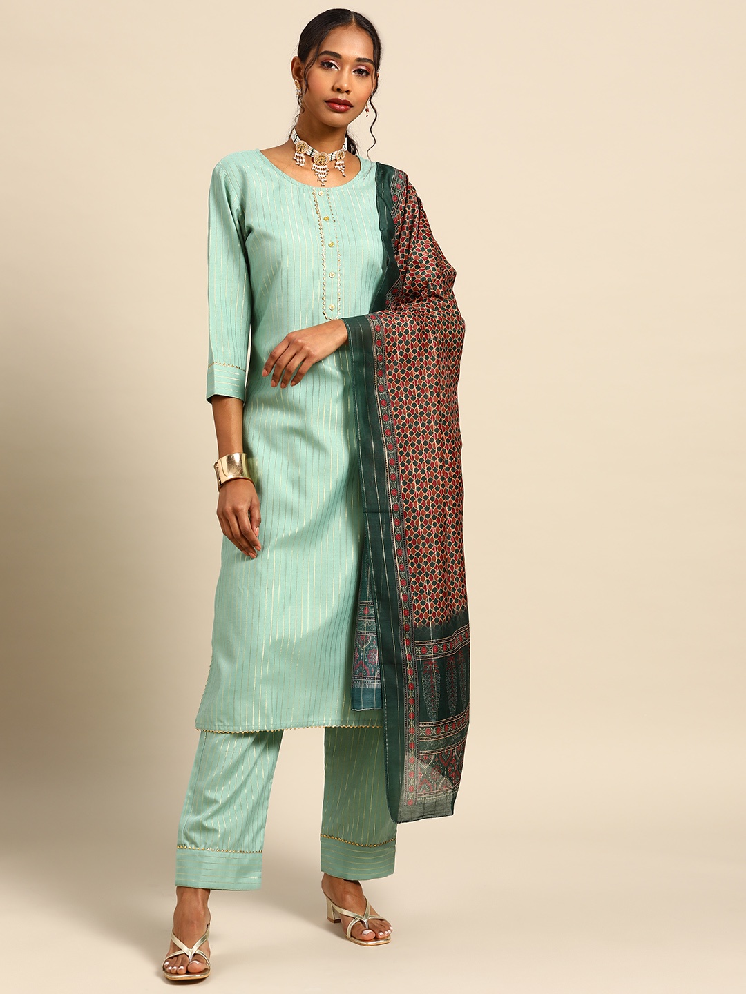 

Prakhya Women Green Printed Gotta Patti Kurta with Palazzos & Dupatta