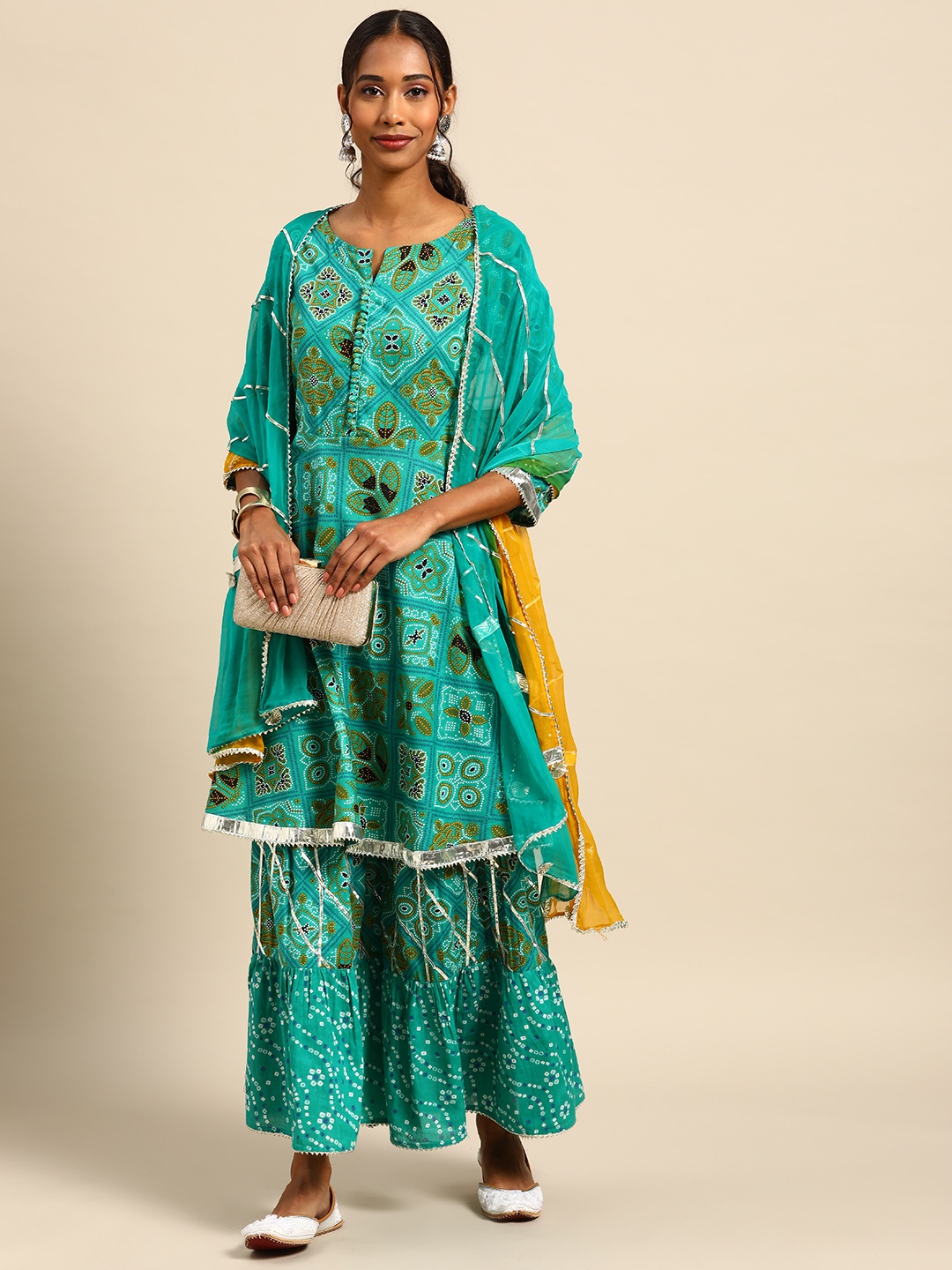 

Prakhya Women Green Pure Cotton Bandhani Printed Gotta Patti Kurti with Sharara & Dupatta