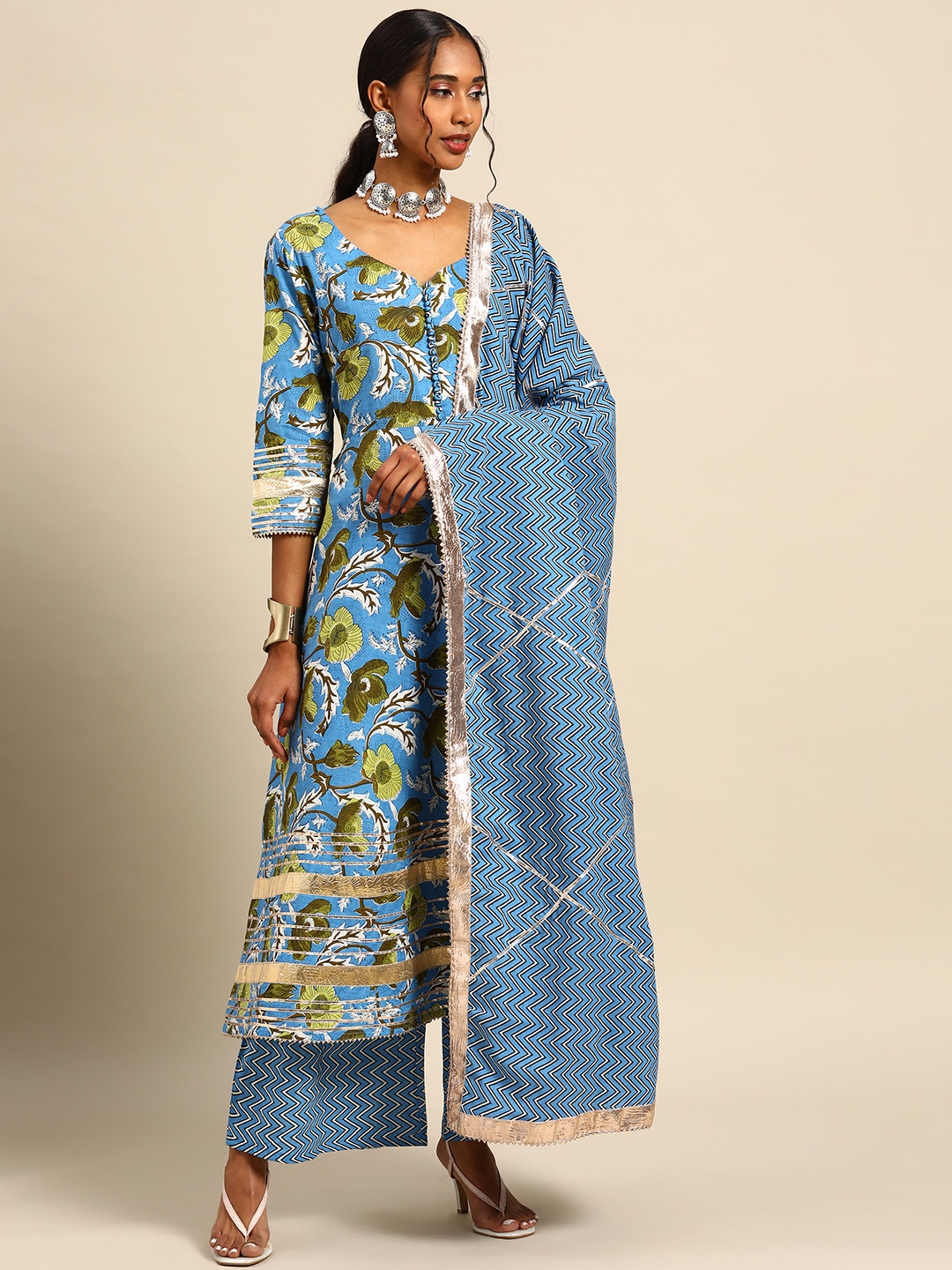 Prakhya Women Blue Pure Cotton Ethnic Motifs Printed Gotta Patti Kurta Set & Dupatta