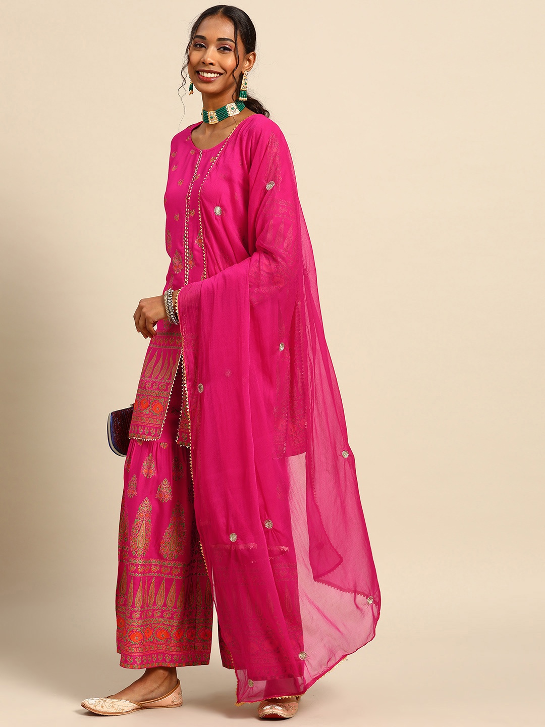 

Prakhya Women Pink Ethnic Motifs Printed Gotta Patti Kurta with Palazzos & Dupatta