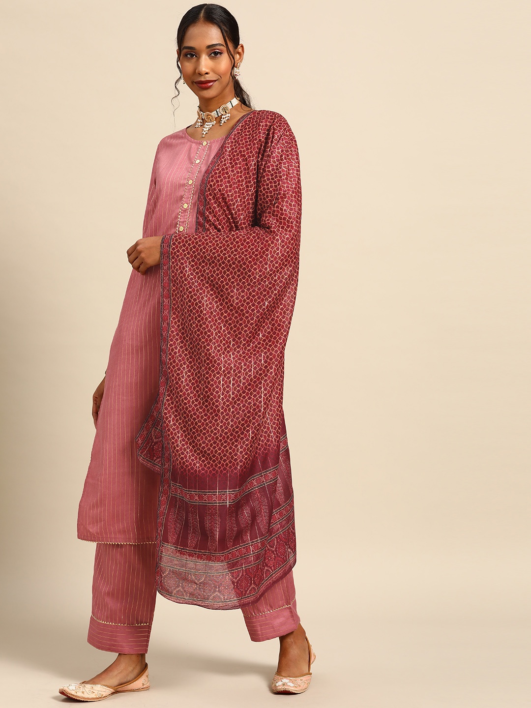 

Prakhya Women Pink Printed Gotta Patti Kurta with Palazzos & Dupatta