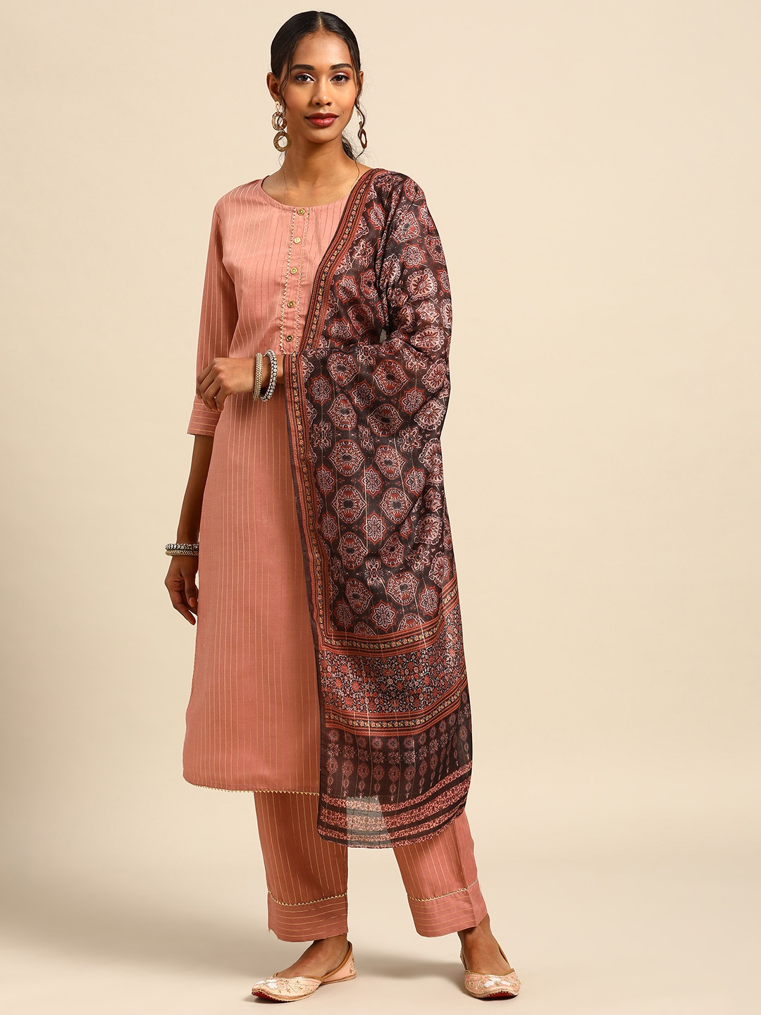 

Prakhya Women Peach-Coloured Printed Gotta Patti Kurta with Palazzos & Dupatta