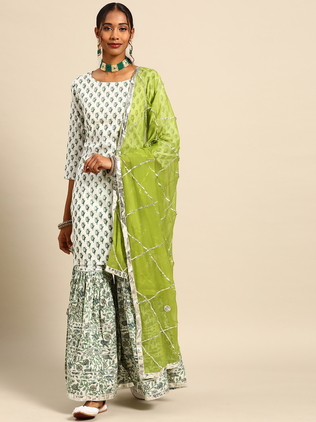 

Prakhya Women White & Green Pure Cotton Printed Gotta Patti Kurta Set & Dupatta