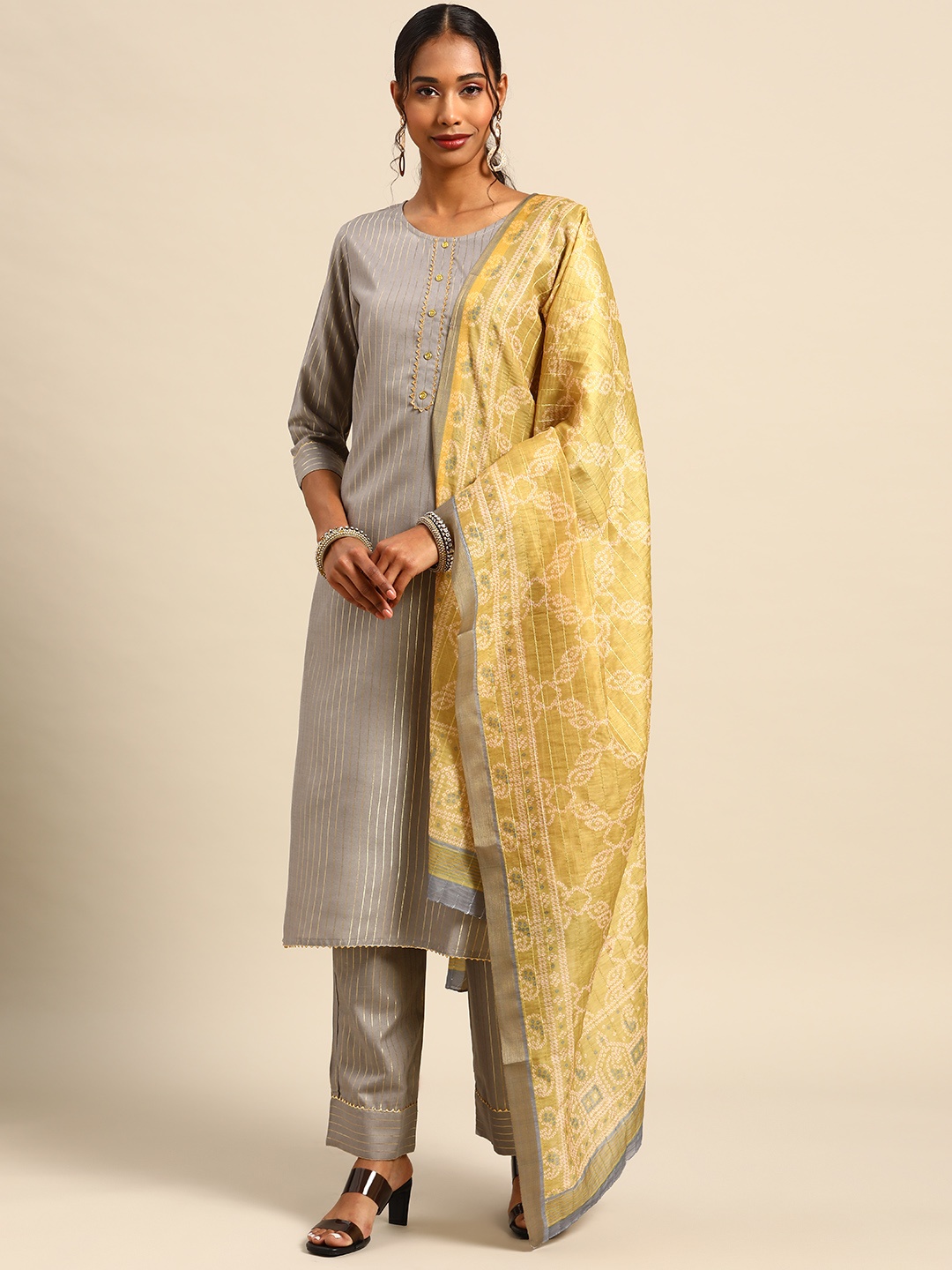 

Prakhya Women Grey Striped Gotta Patti Kurta with Palazzos & Dupatta