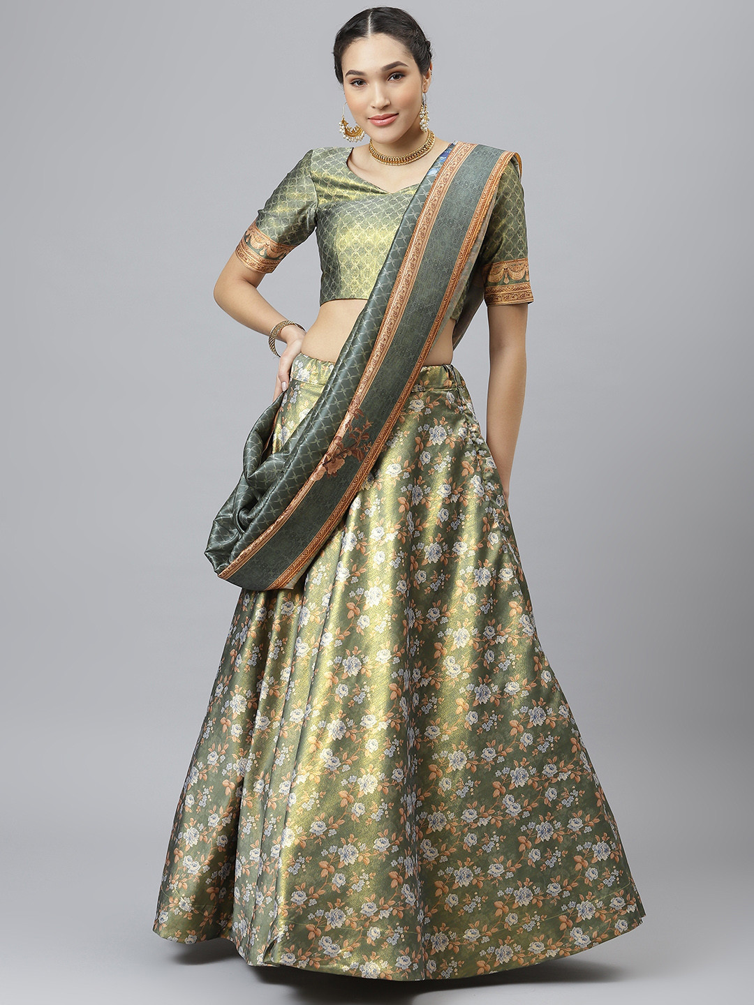 

SHUBHVASTRA Green Printed Semi-Stitched Lehenga & Unstitched Blouse With Dupatta