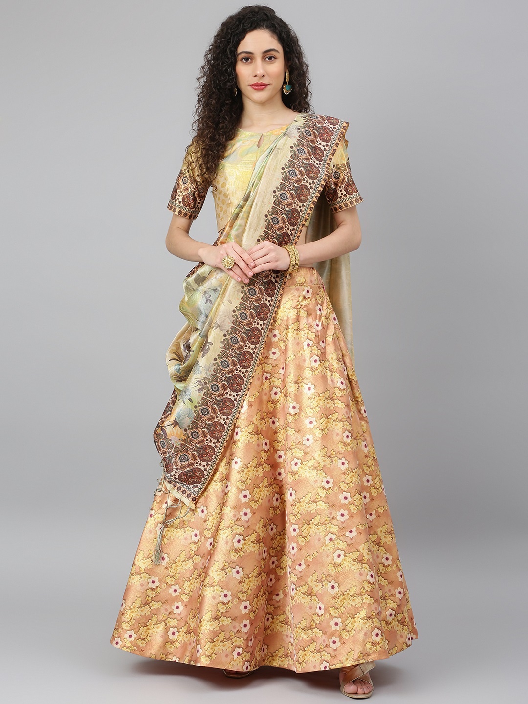 

SHUBHVASTRA Gold & Green Printed Semi-Stitched Lehenga & Unstitched Blouse With Dupatta
