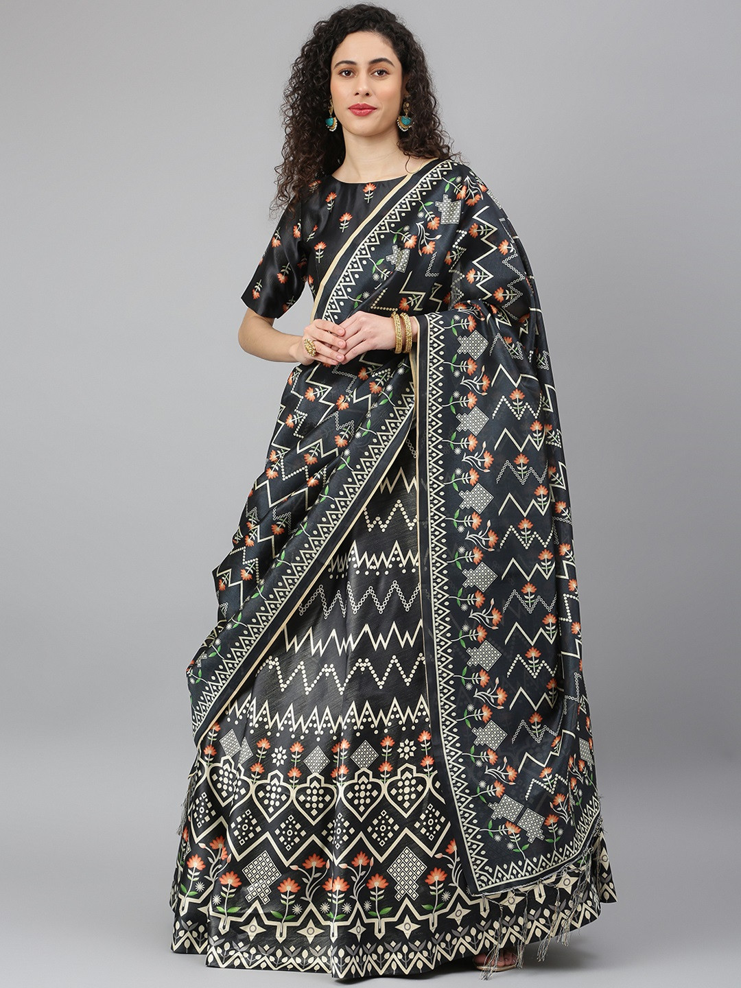 

SHUBHVASTRA Black & White Printed Semi-Stitched Lehenga & Unstitched Blouse With Dupatta