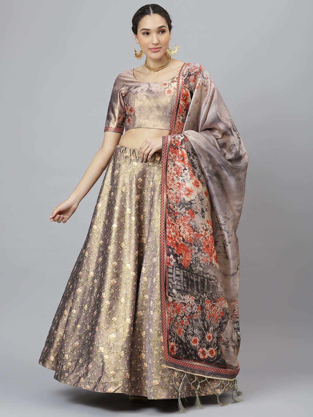 

SHUBHVASTRA Gold-Toned & Multicoloured Printed Semi-Stitched Lehenga & Unstitched Blouse With Dupatta