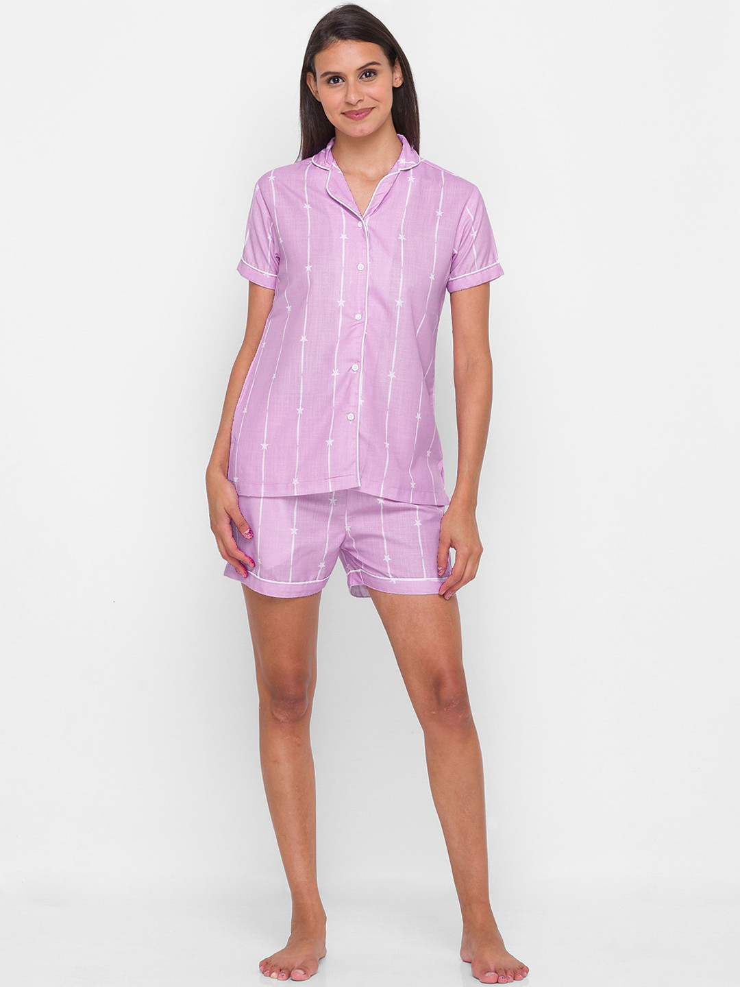 

FashionRack Women Purple & White Striped Cotton Night Suit
