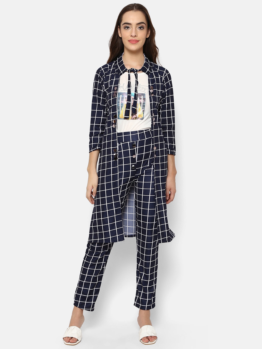 

V2 Value & Variety Navy Blue Geometric Checked Mandarin Collar Longline Top