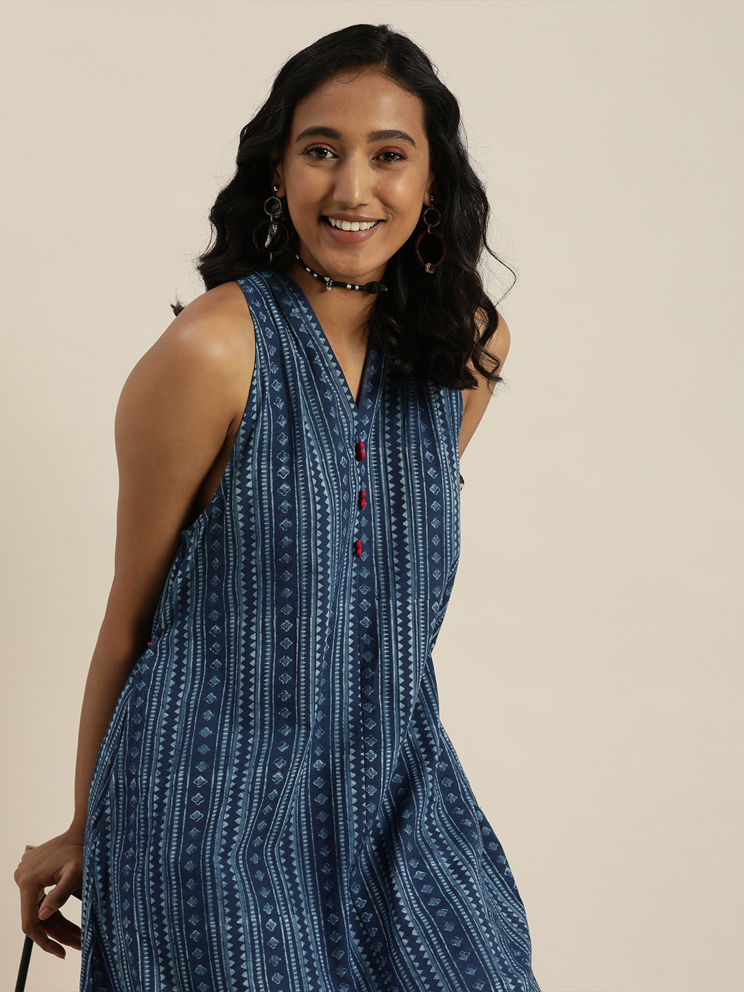 

Taavi Navy Blue & White Ethnic Motifs Ethnic A-Line Sleeveless Indigo Dress