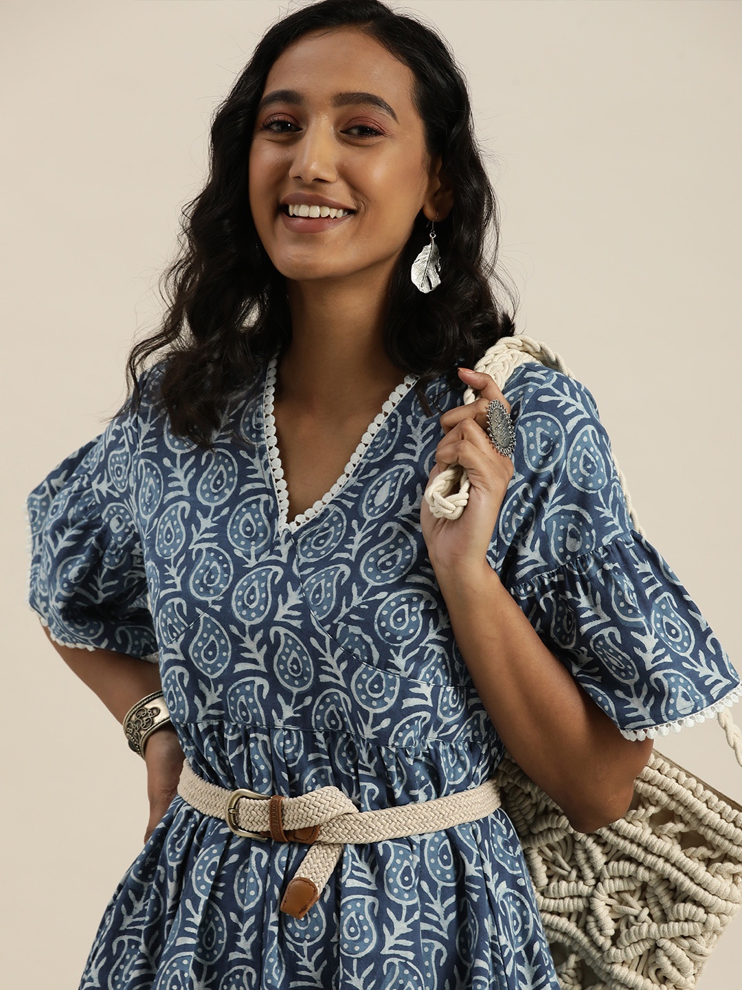

Taavi Navy Blue & White Ethnic Motifs Ethnic A-Line Indigo Dress