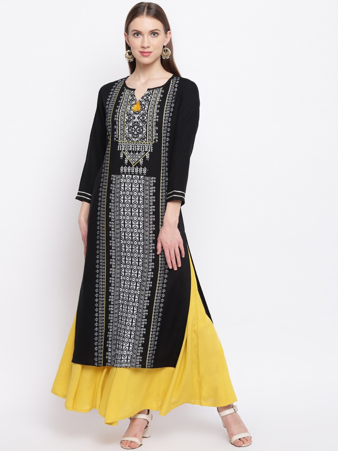 

RIVI Women Black & Yellow Ethnic Motifs Printed Panelled Pure Cotton Kurta with Palazzos