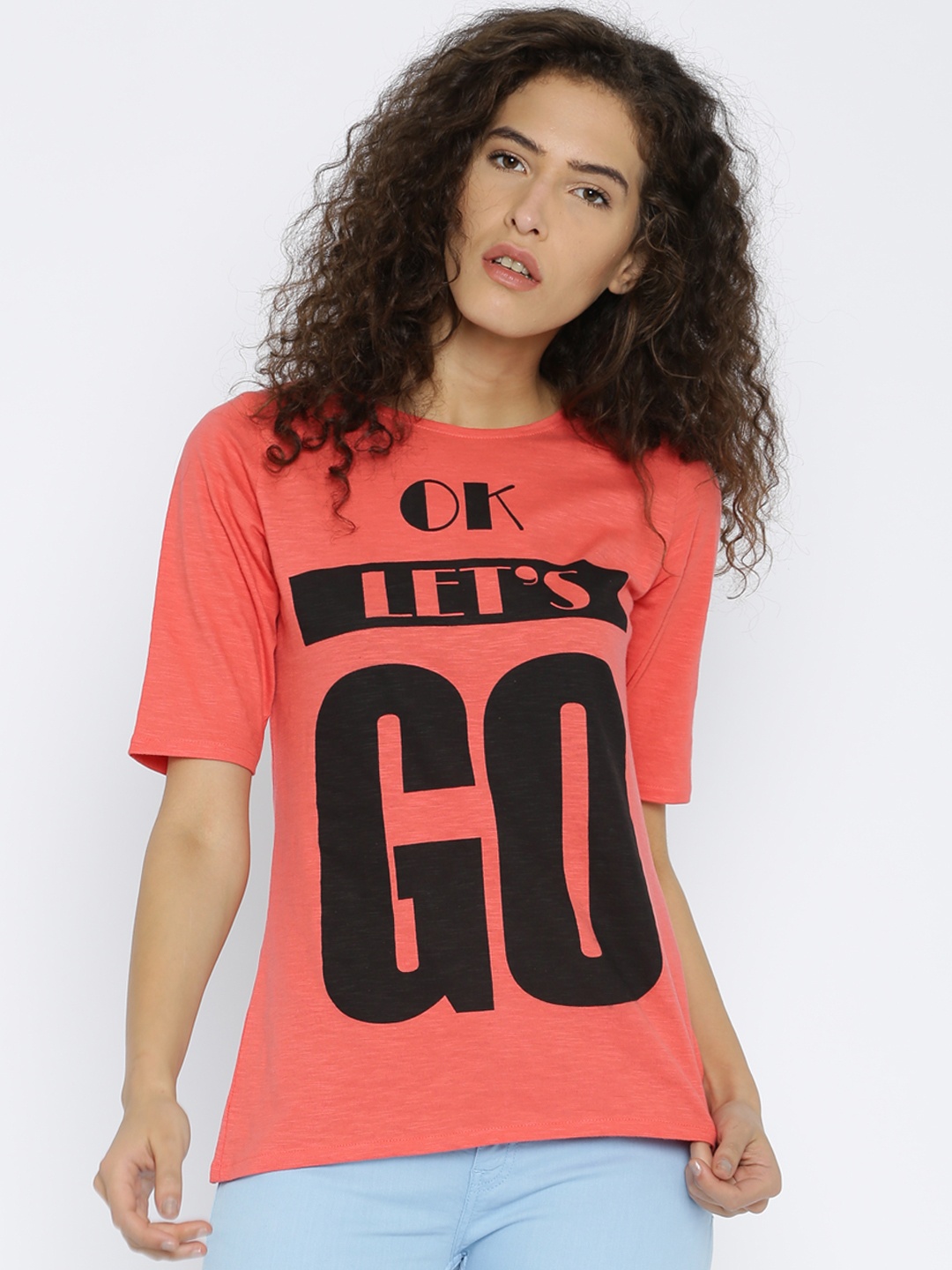 

Jealous 21 Women Coral Pink Printed Pure Cotton Top