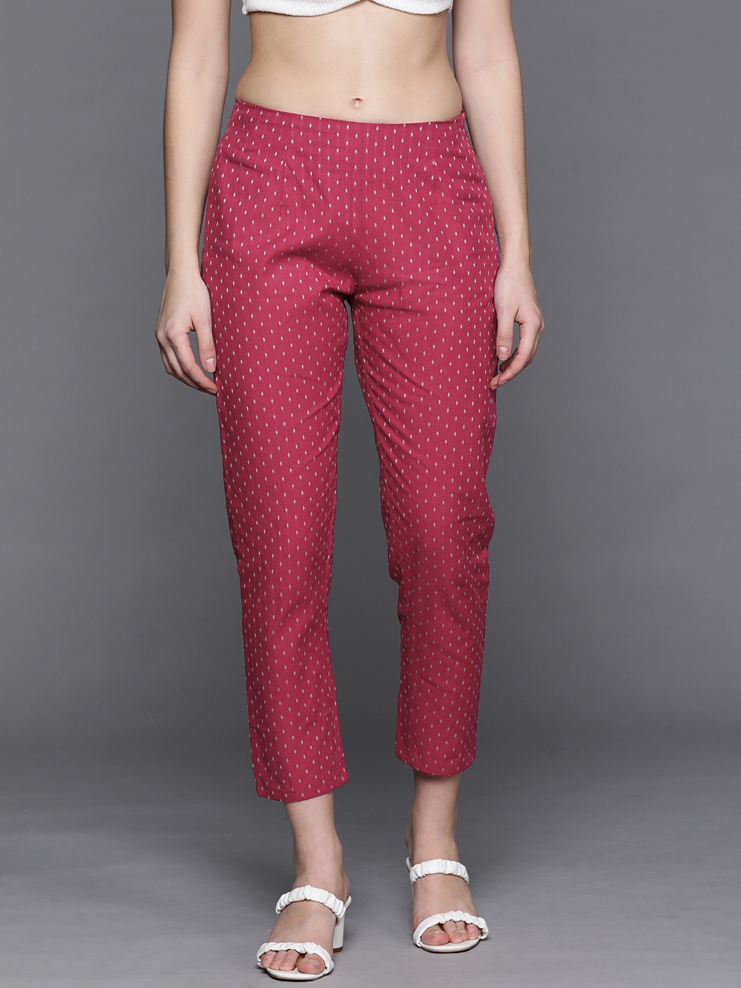 

PINKSKY Women Pink & White Self Design Slim Fit Cropped Trousers