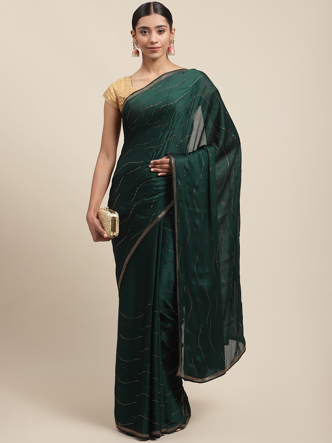 

Meena Bazaar Green Embellished Beads and Stones Poly Chiffon Saree