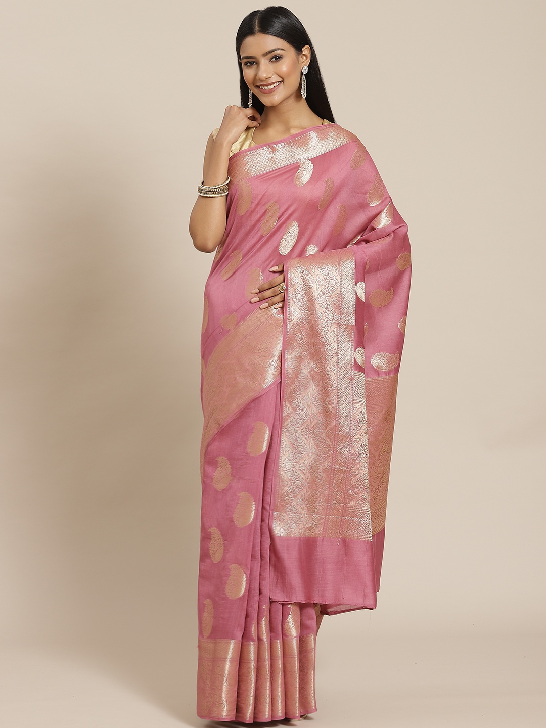 

Meena Bazaar Pink & Gold-Toned Ethnic Motifs Zari Pure Cotton Banarasi Saree