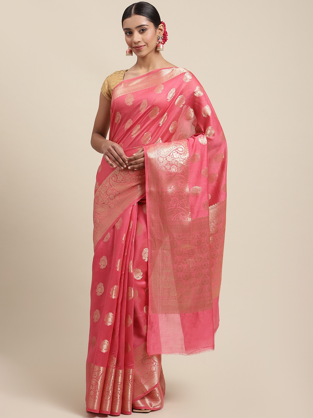 

Meena Bazaar Pink & Gold-Coloured Ethnic Motifs Zari Pure Cotton Banarasi Saree