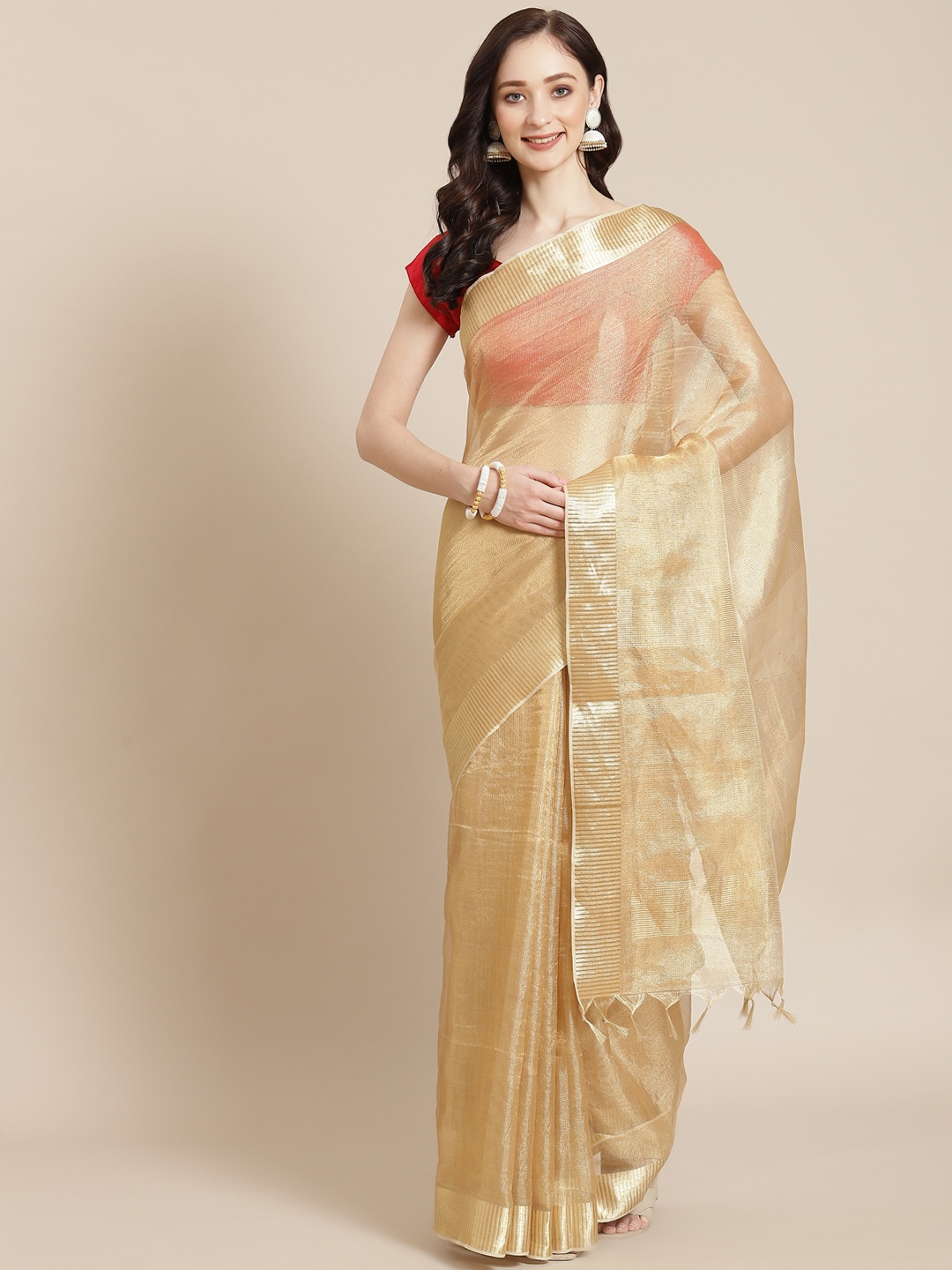 

Meena Bazaar Golden Woven Design Zari Tissue Banarasi Saree, Gold