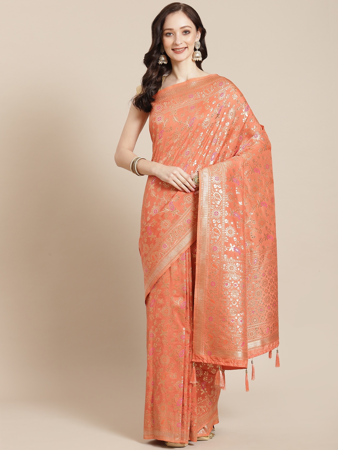 

Meena Bazaar Peach-Coloured & Golden Ethnic Motifs Zari Silk Blend Banarasi Saree