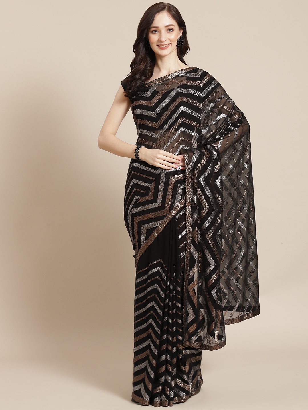 

Meena Bazaar Black & Grey Sequinned Embroidered Saree