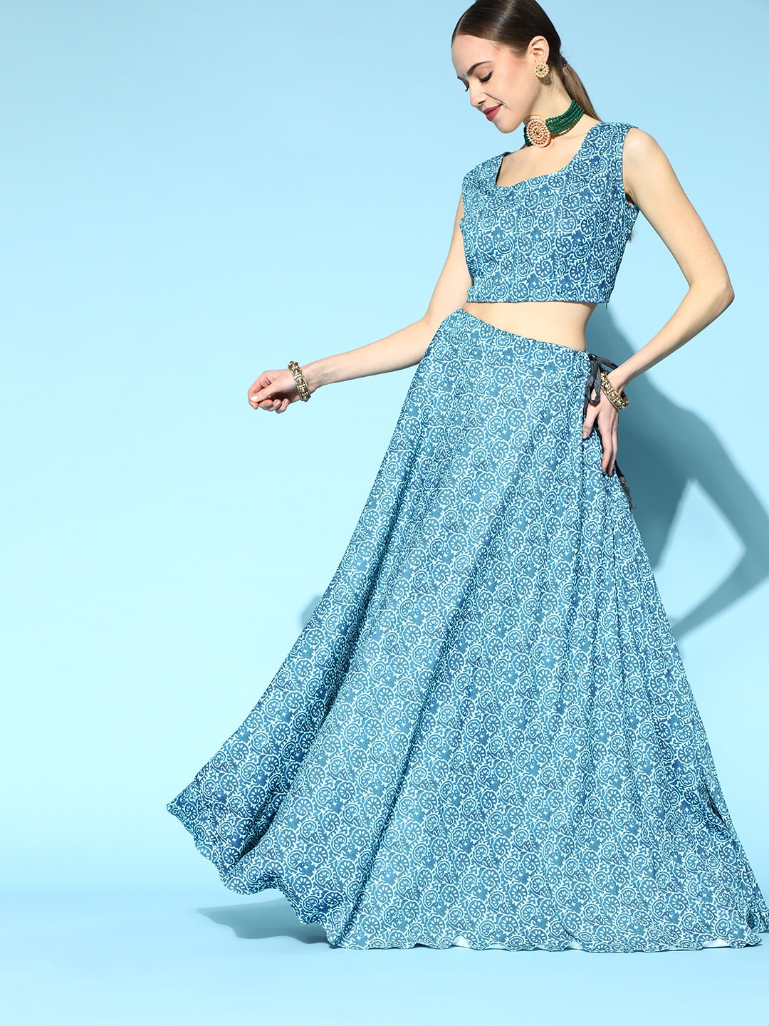 

RedRound Blue Printed Semi-Stitched Lehenga Choli