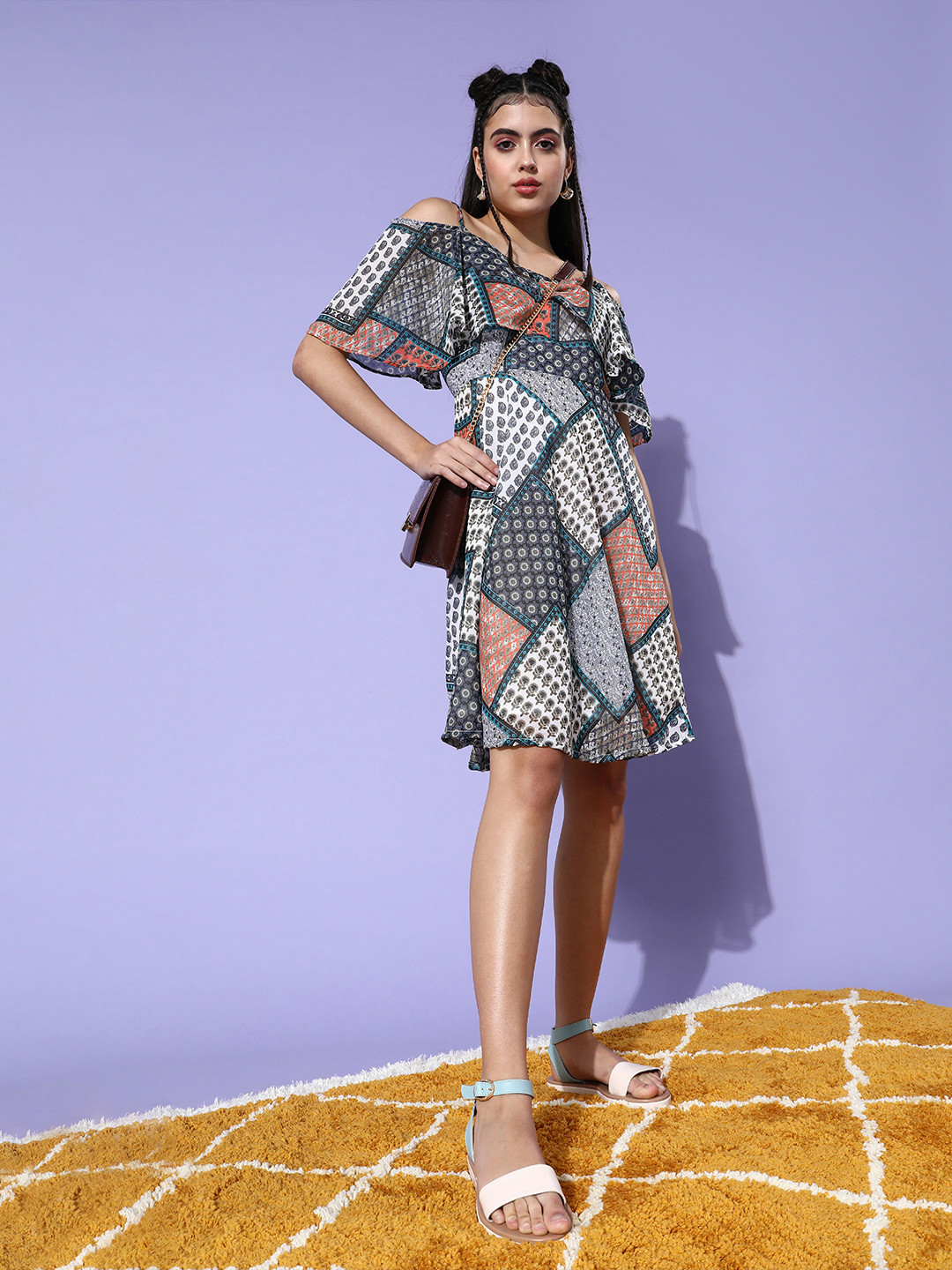 

InWeave Women Stunning Blue Ethnic Motifs Cold-Shoulder Sleeves Dress