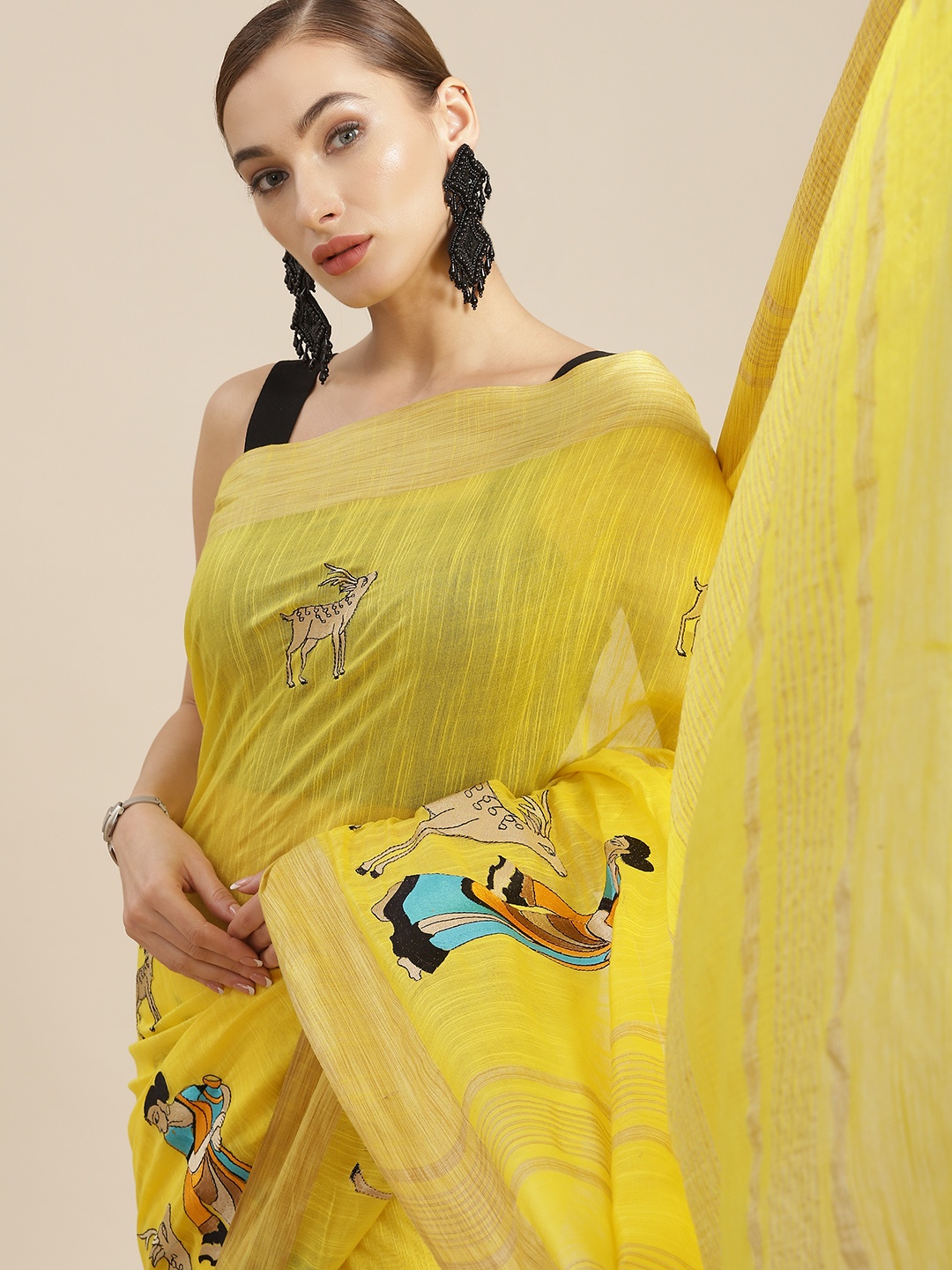 

BharatSthali Yellow Ethnic Motifs Embroidered Silk Cotton Handloom Maheshwari Saree