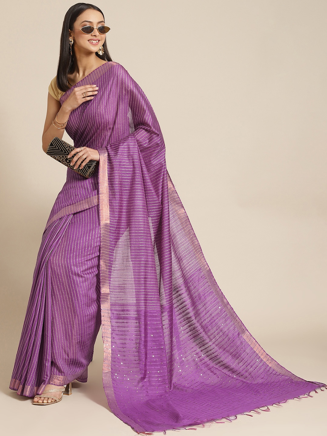 

BharatSthali Purple Striped Woven Design Saree with Woven Design Border & Sequinned Pallu
