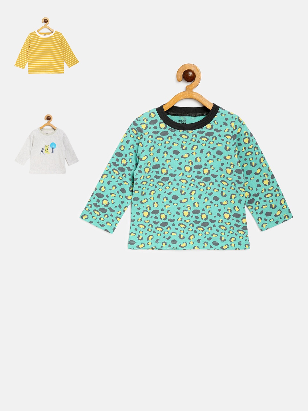 

MINI KLUB Boys Pack Of 3 Green & Yellow Printed Pure Cotton T-shirts