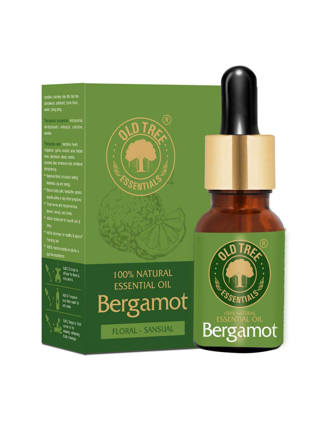 

OLD TREE Bergamot Essential Oil for Skin & Hair - 15 ml, Green