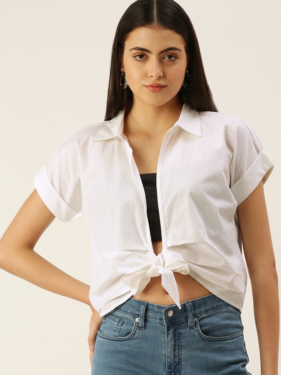 

FOREVER 21 White Extended Sleeves Open Front Shirt Style Crop Top