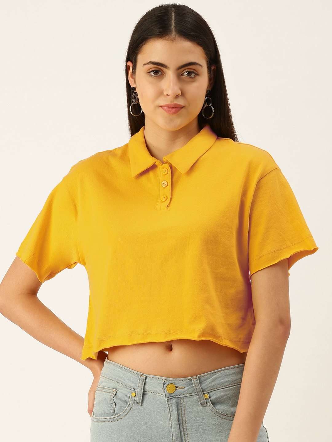 

FOREVER 21 Yellow Solid Shirt Collared Casual Crop Top