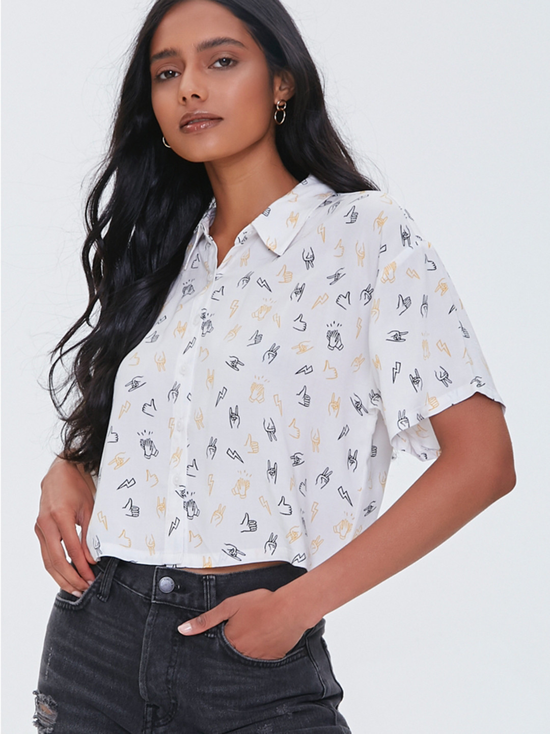 

FOREVER 21 Women White & Yellow Printed Crop Casual Shirt