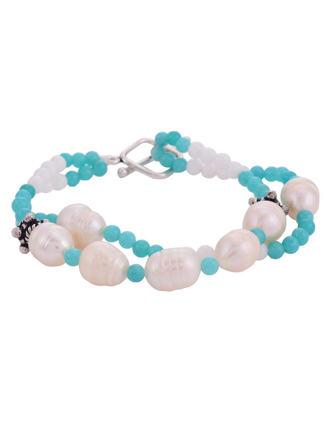 

Tistabene Women Blue & White Pearls Beaded Rhodium Plated Bangle Style Bracelet