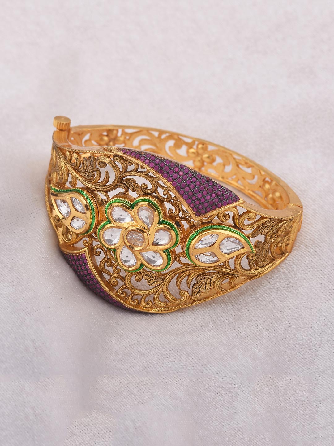 

Tistabene Women Purple & Gold-Plated Kundan Floral Filigree Bangle-Style Bracelet