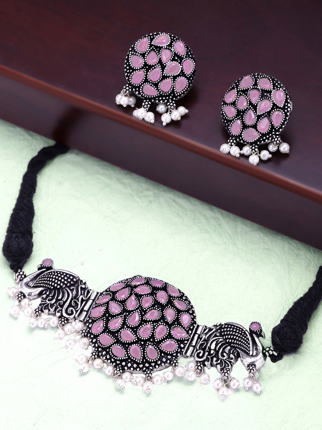 

Yellow Chimes Oxidised Silver-Plated Pink Stone-Studded Beaded Jewellery Set