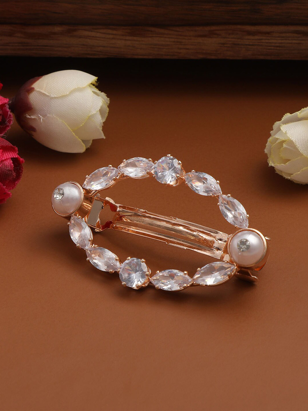

AccessHer Women Rose Gold & White Stone Detailed French Barrette