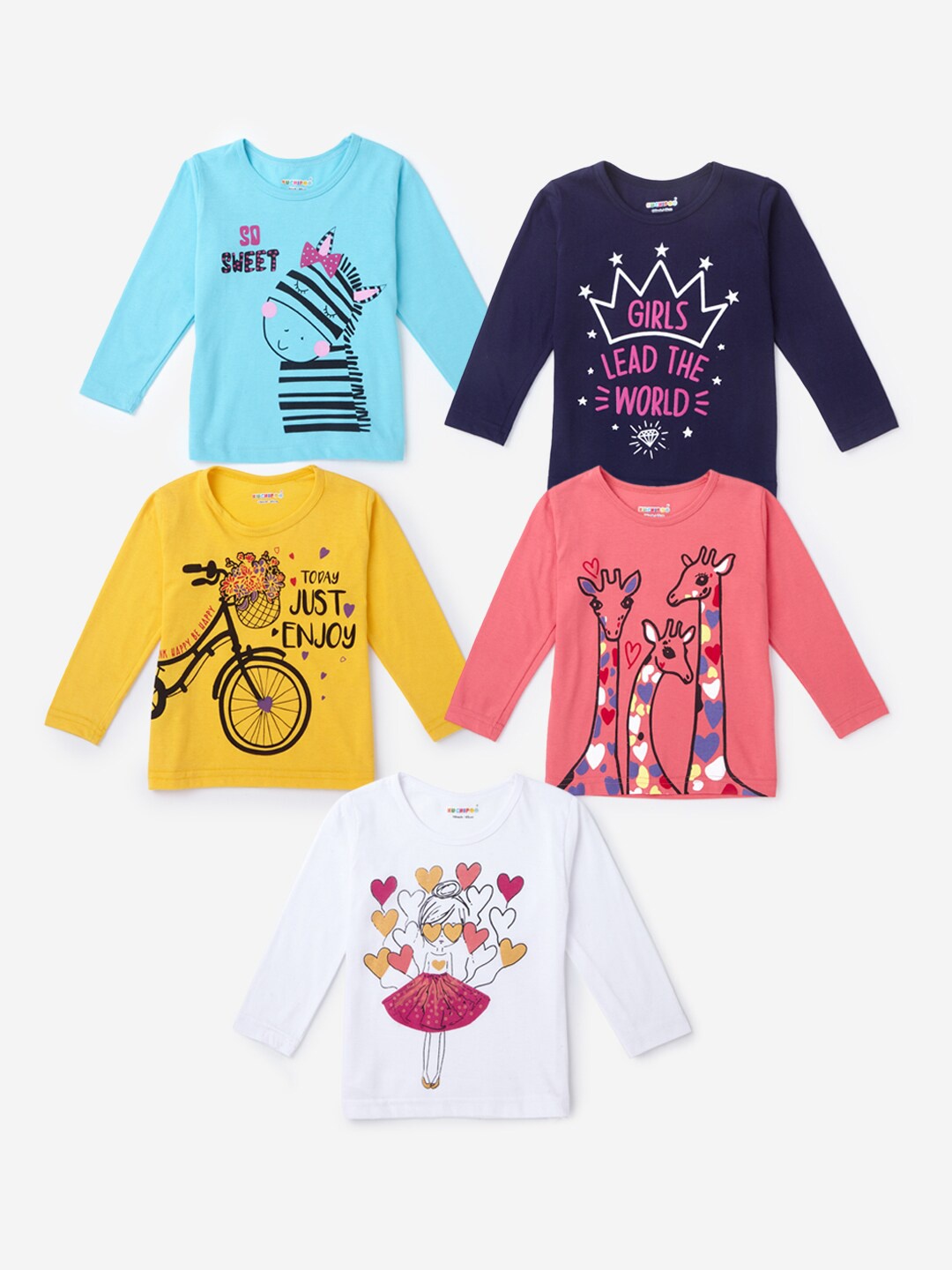 

Hopscotch Girls Pack of 5 Typography Printed Pure Cotton T-shirts, Multi