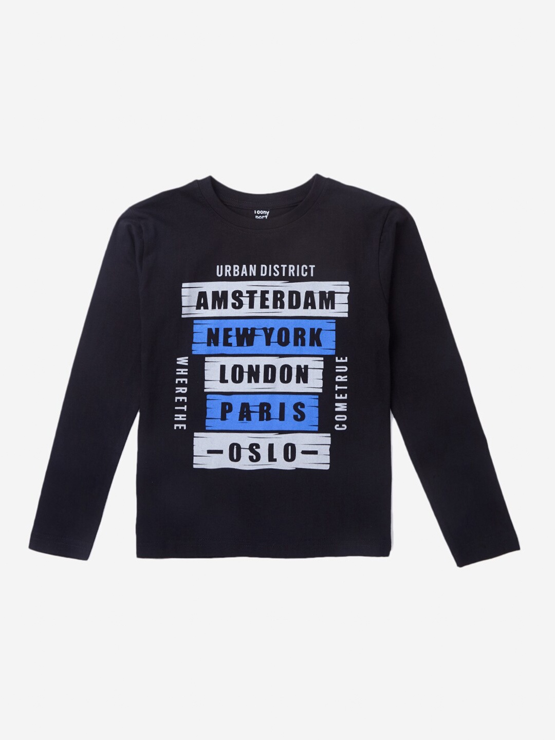 

Hopscotch Boys Navy Blue & Grey Typography Printed Pure Cotton T-shirt
