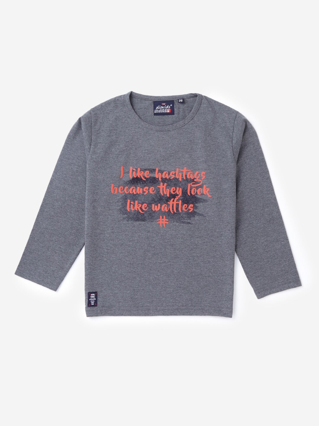 

Hopscotch Boys Grey Typography Printed Pure Cotton T-shirt
